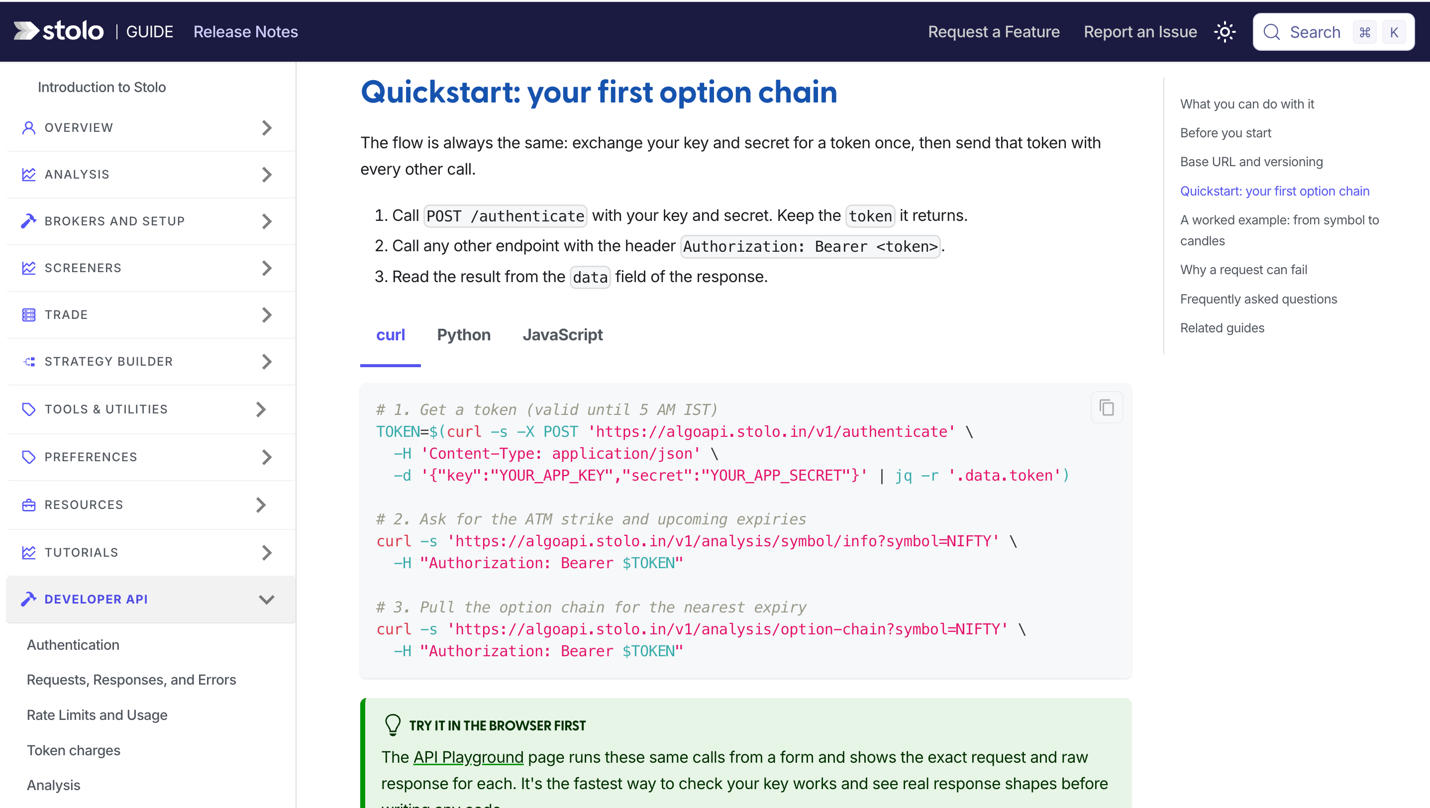 Stolo Developer API guide quickstart with curl examples for authentication and the option chain
