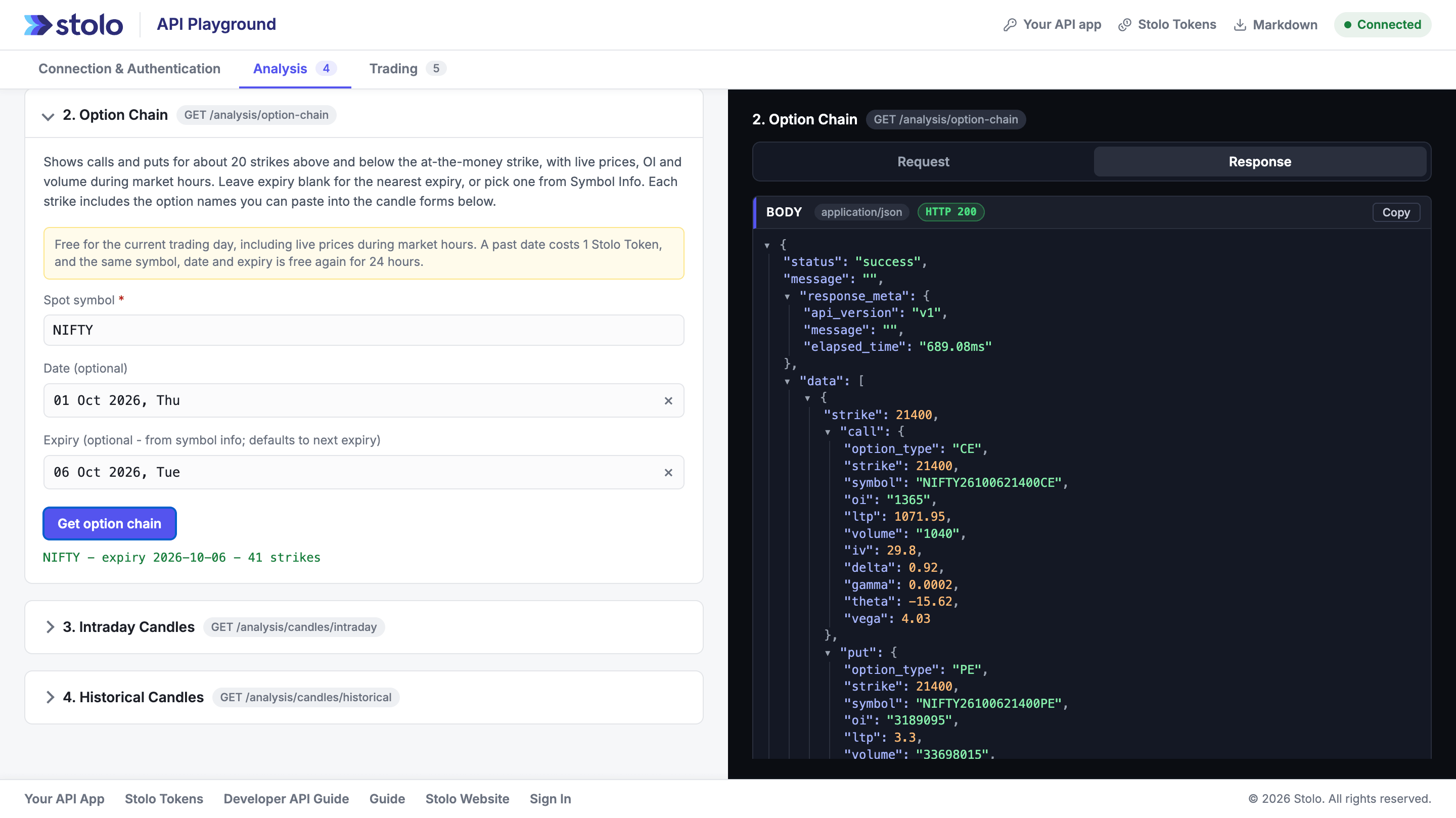 Stolo API Playground running a past-date NIFTY option chain request with the JSON response