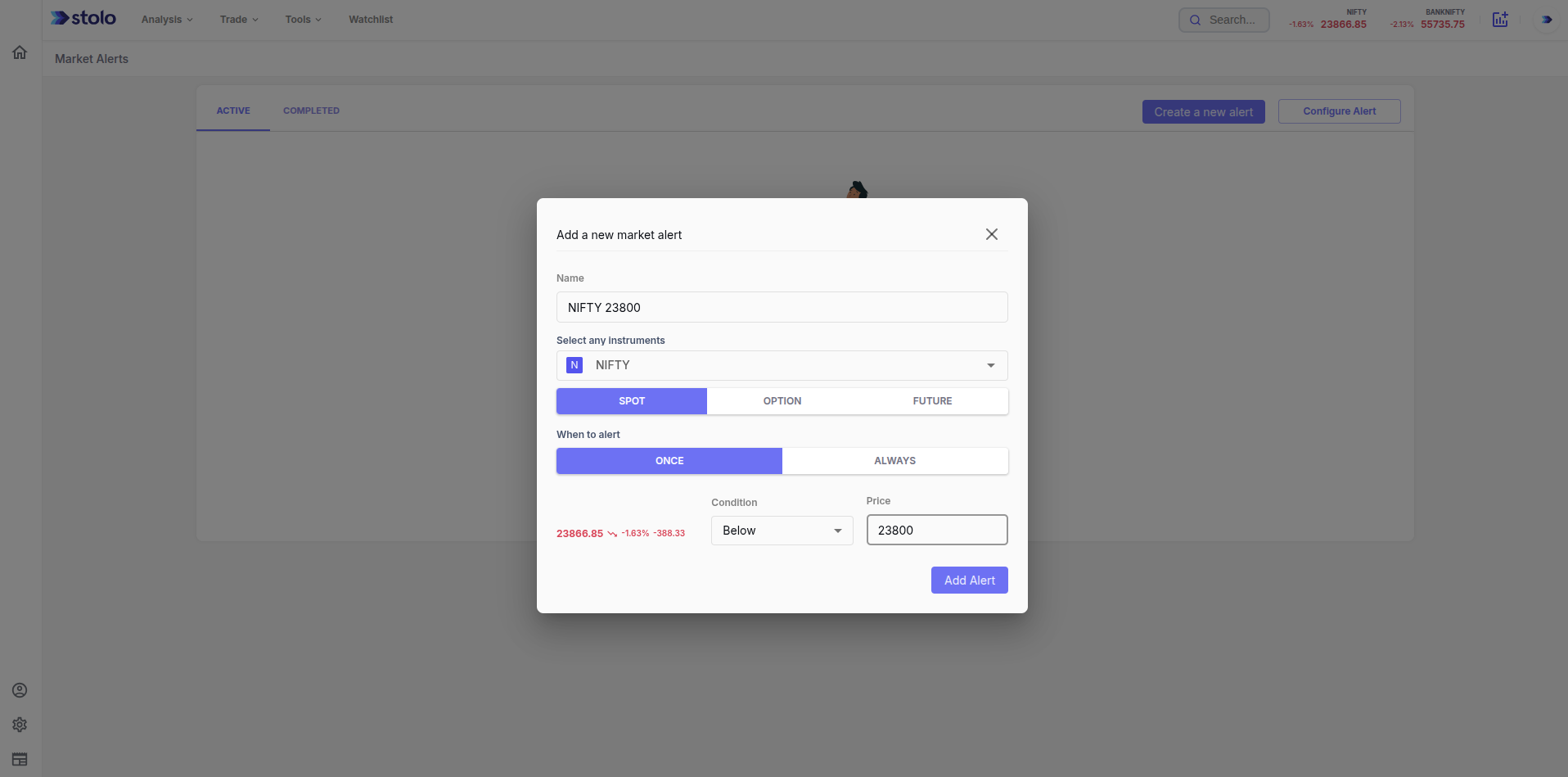 Stolo Market Alert Creation