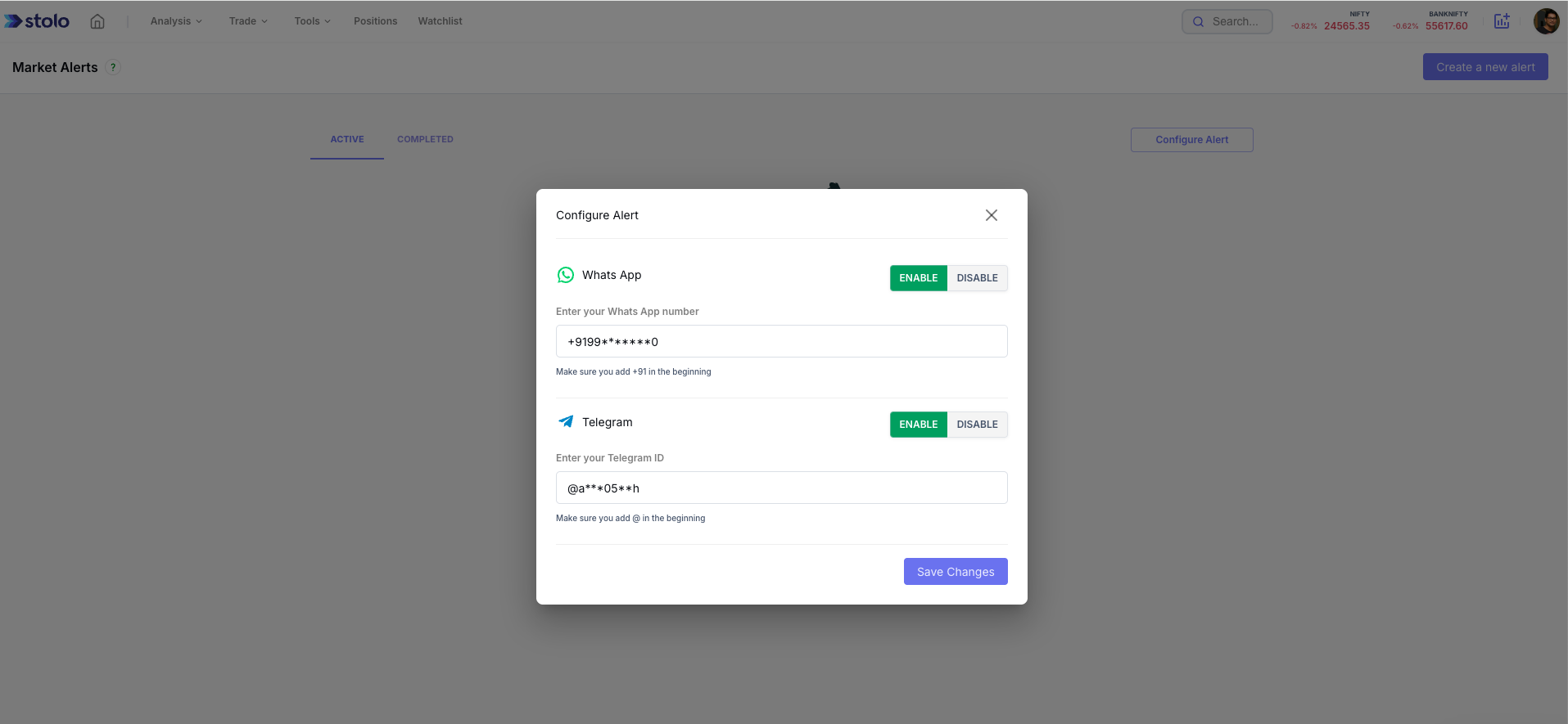 Stolo Market Alert configuration
